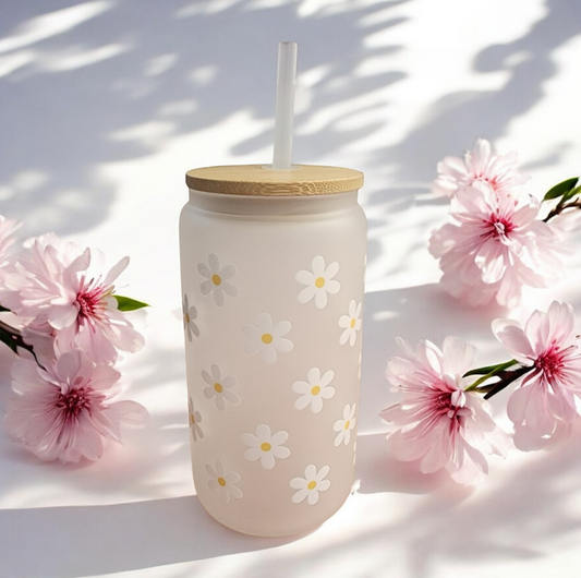 White Glass Tumbler Flowers
