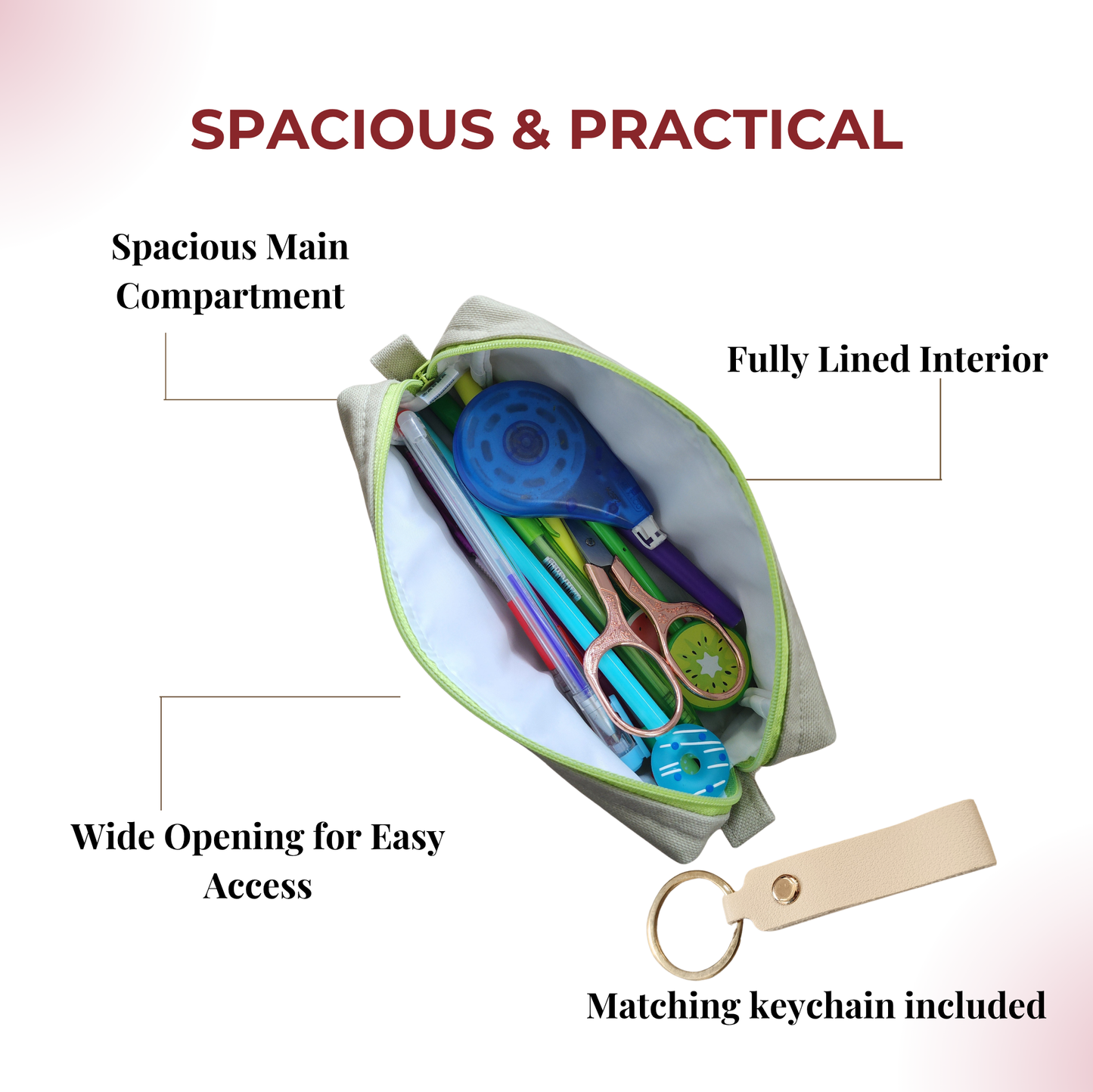 Handmade Zipper Pencil Case with Free Keychain | Cosmetic & Everyday Organizer