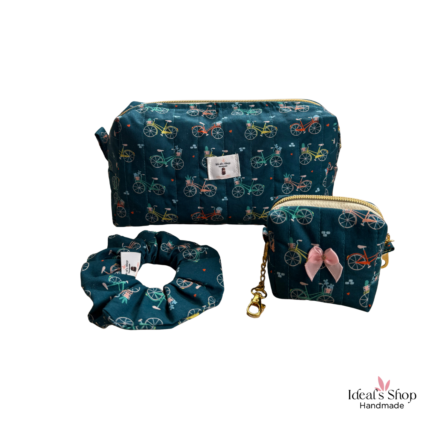 Bicycle Print 3-Piece Gift Set | Cosmetic Bag, Scrunchie, and Mini Keychain Pouch.