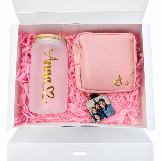 Personalized Gift Box with Glass Tumbler, Toiletry Bag, and Photo Keychain