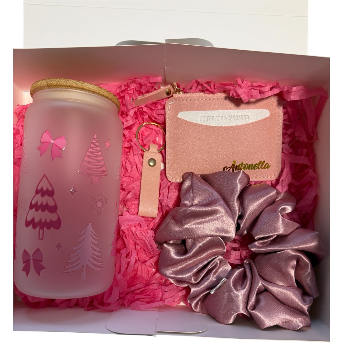 Gift Box: Christmas-Themed Glass Tumbler, Card Holder, and Personalized Keychain