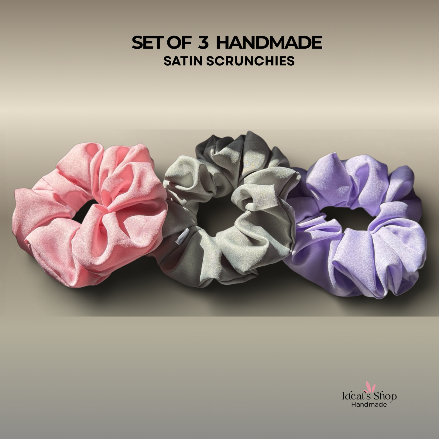 XL Satin Scrunchies Set of 3 – Premium Handmade No-Pull Hair Ties for Women & Girls – Oversized Scrunchies — Purple, Pink and Green