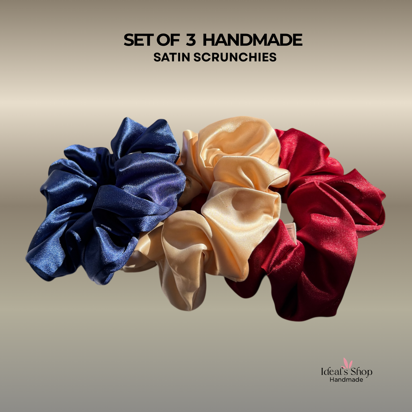 XL Satin Scrunchies Set of 3 – Premium Handmade No-Pull Hair Ties for Women & Girls – Oversized Scrunchies. Navy, Burgundy and Gold.
