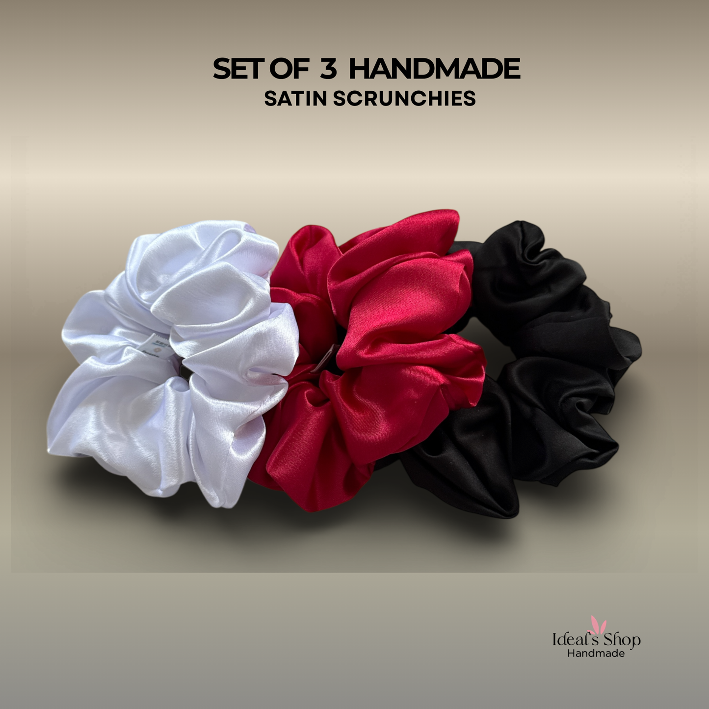 XL Satin Scrunchies Set of 3 – Premium Handmade No-Pull Hair Ties for Women & Girls – Oversized Scrunchies – White, Red and Black.