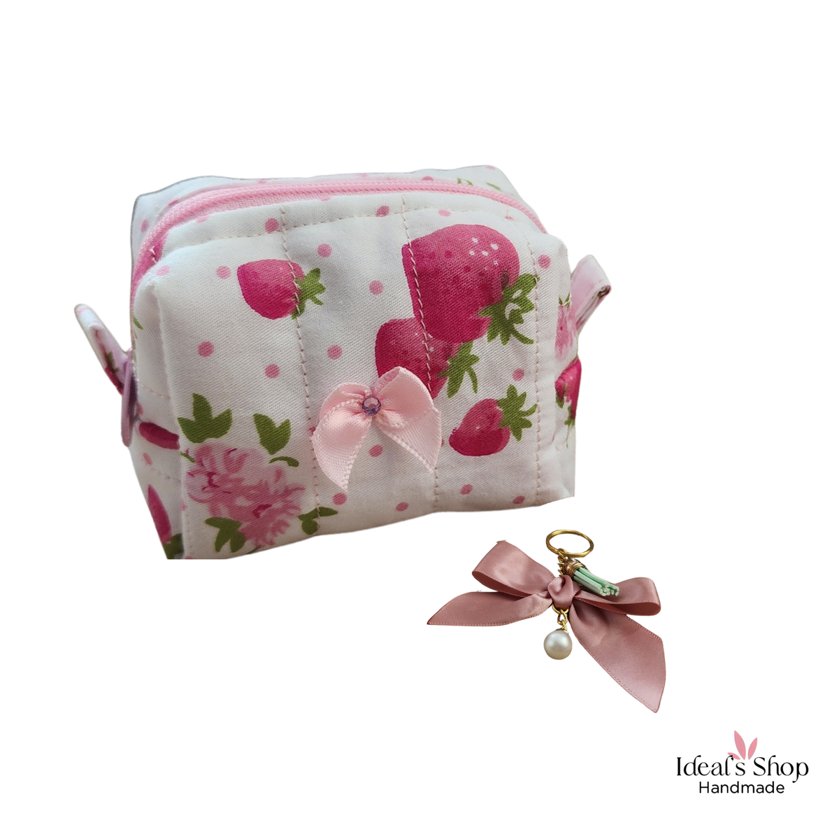 Handmade Quilted Mini Pouch with Bow Accent; Free Keychain | Cute Cotton Cosmetic; Coin Organizer