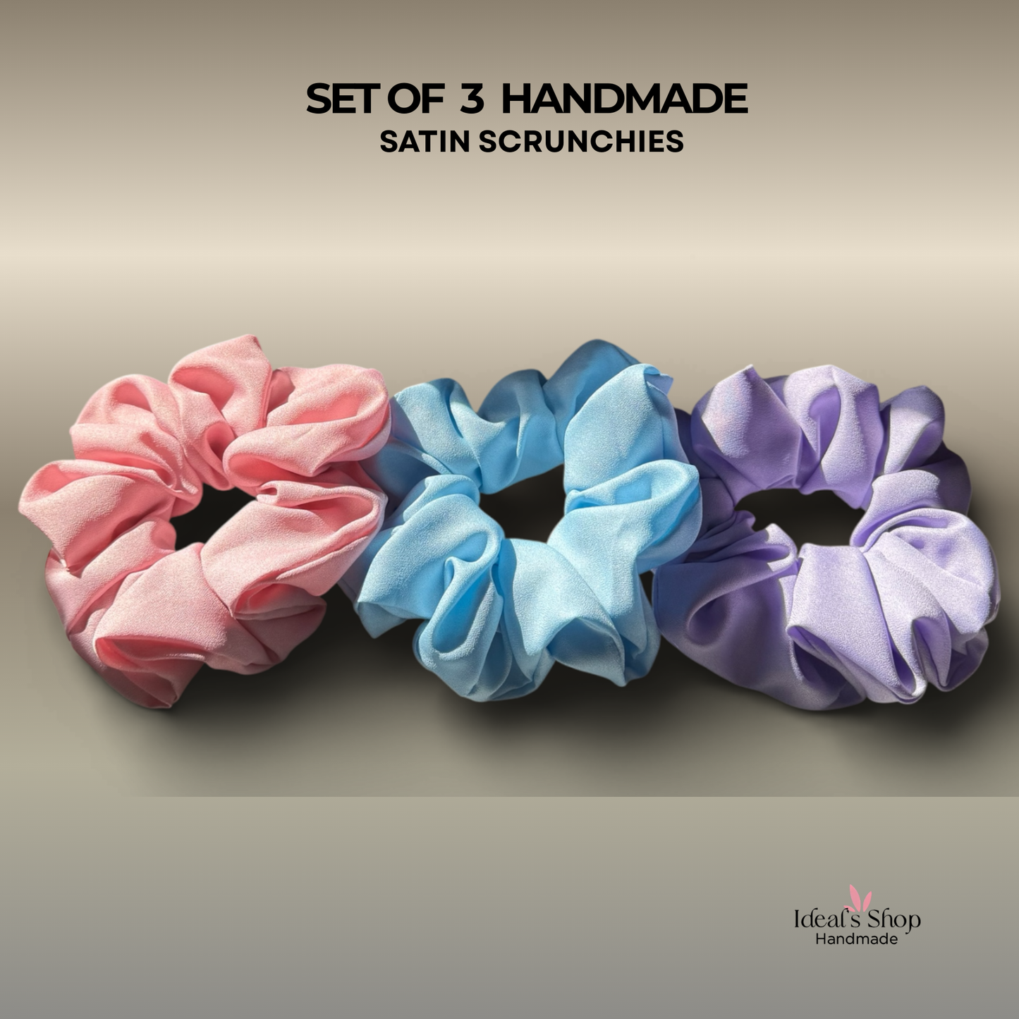 XL Satin Scrunchies Set of 3 – Premium Handmade No-Pull Hair Ties for Women & Girls – Oversized Scrunchies — Pink, Light blue and Green