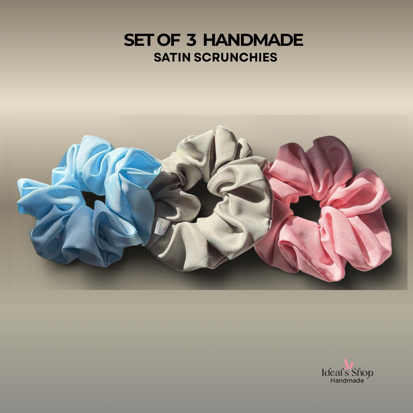 XL Satin Scrunchies Set of 3 – Premium Handmade No-Pull Hair Ties for Women & Girls — Oversized Scrunchies Light blue, purple and pink.