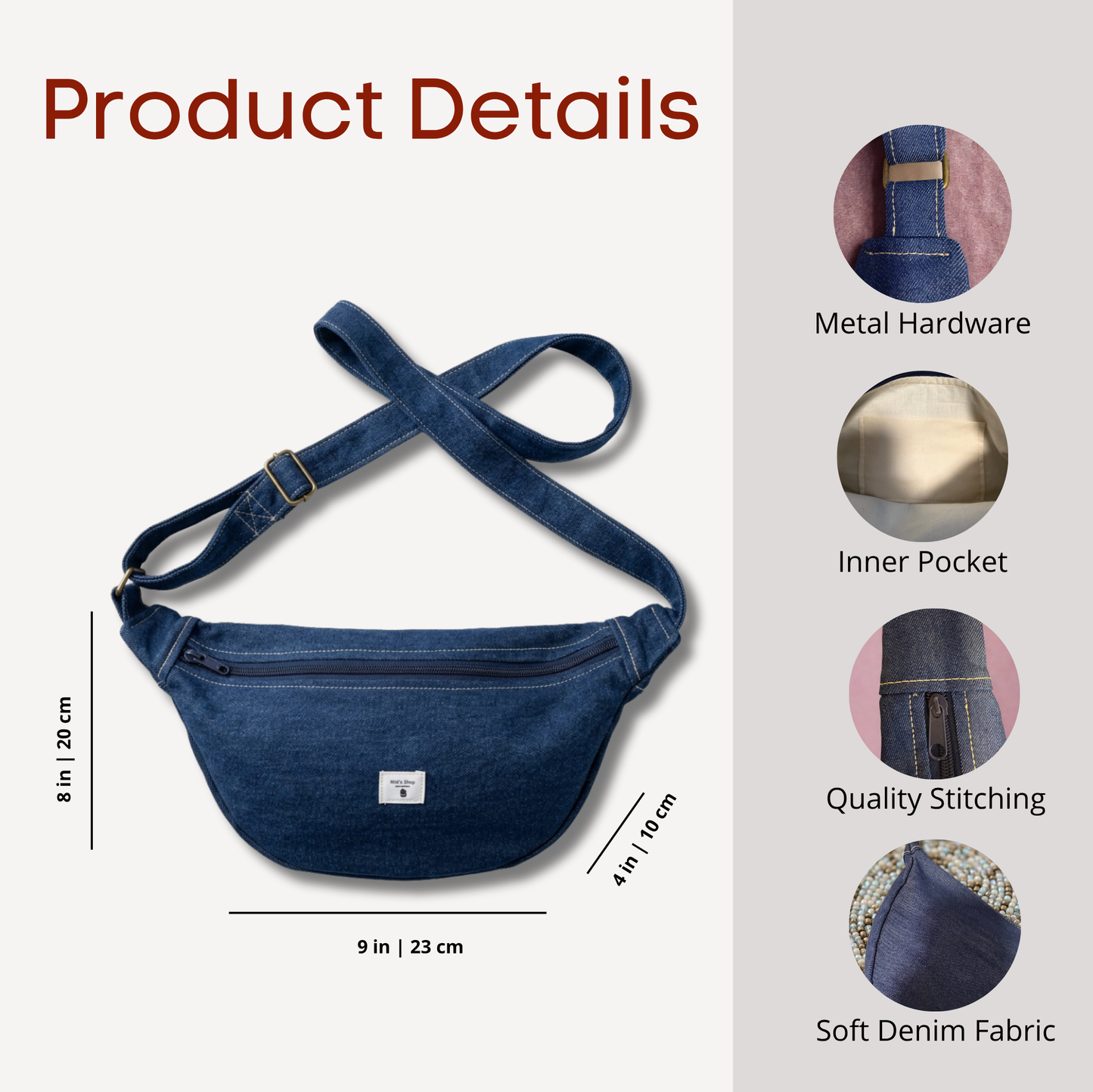 Handmade Adjustable Crossbody Sling Bag with Inner Pocket