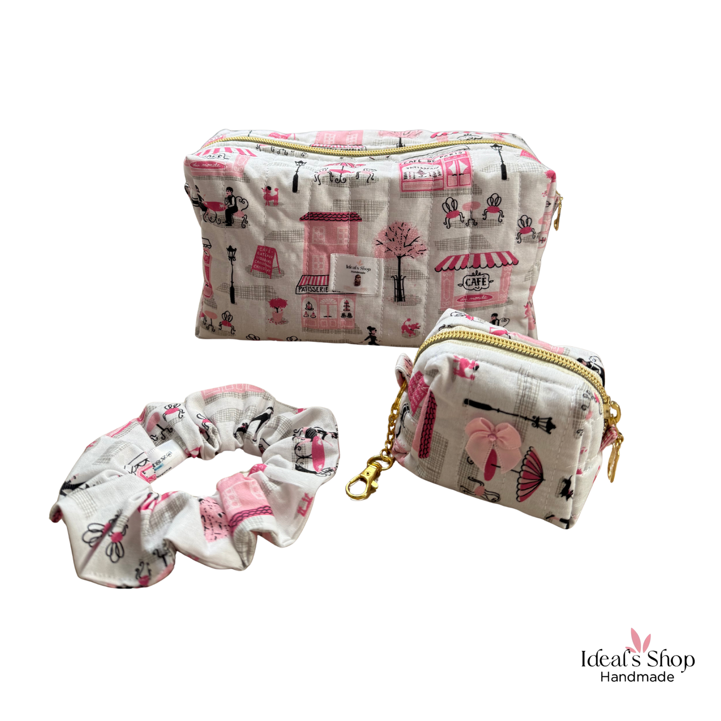 Paris Café Quilted Pouch Set – Handmade 3-Piece Cotton Gift Set