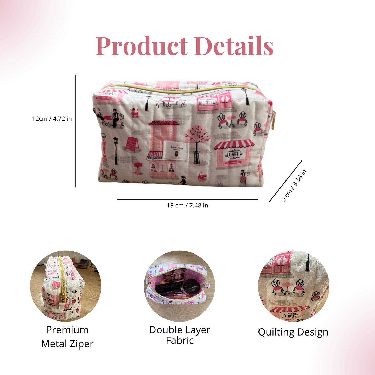 Paris Café Quilted Pouch Set – Handmade 3-Piece Cotton Gift Set