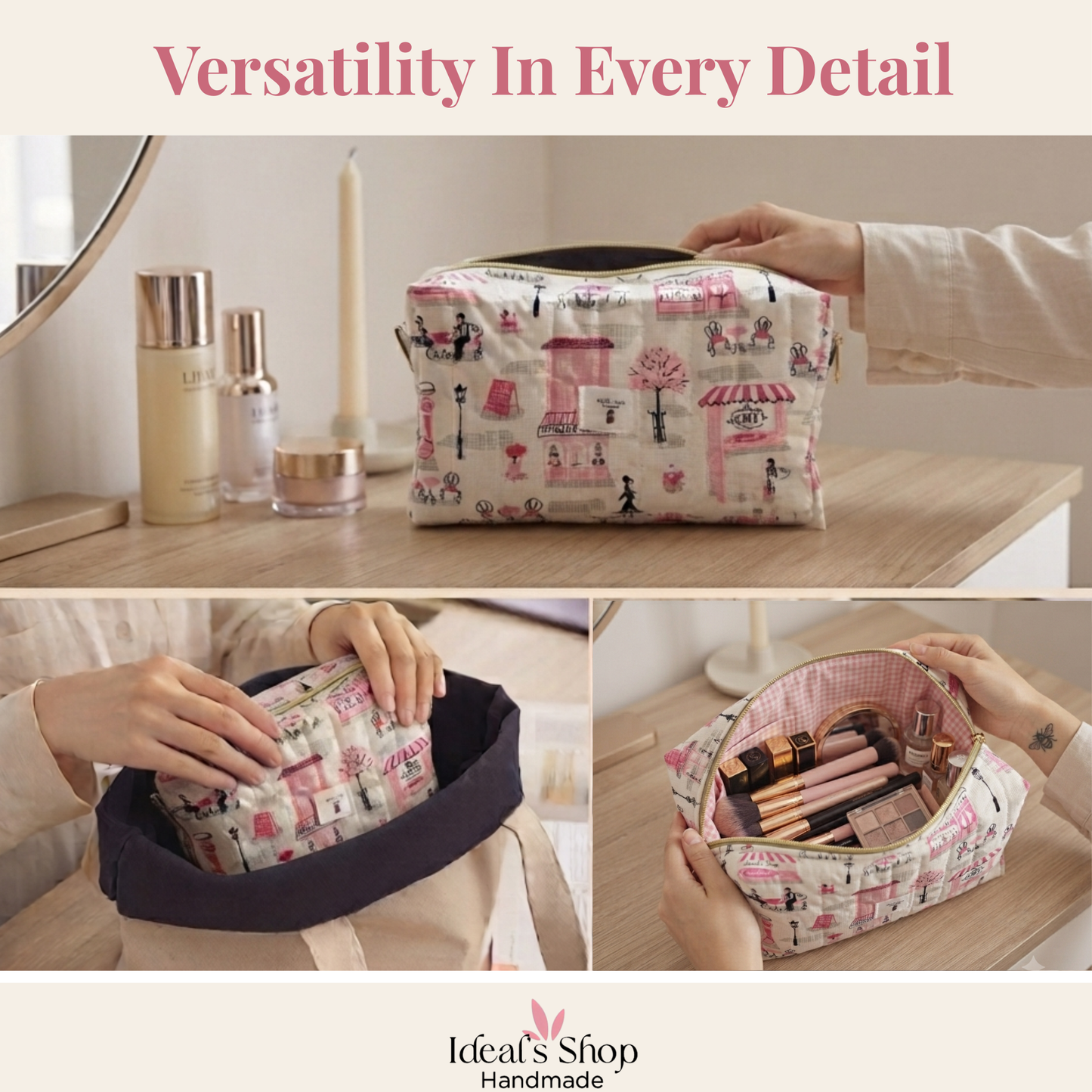 Paris Café Quilted Pouch Set – Handmade 3-Piece Cotton Gift Set