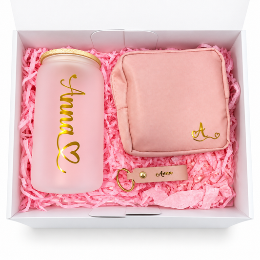 Personalized Gift Box with Glass Tumbler, Cosmetic Pouch, and Name Keychain