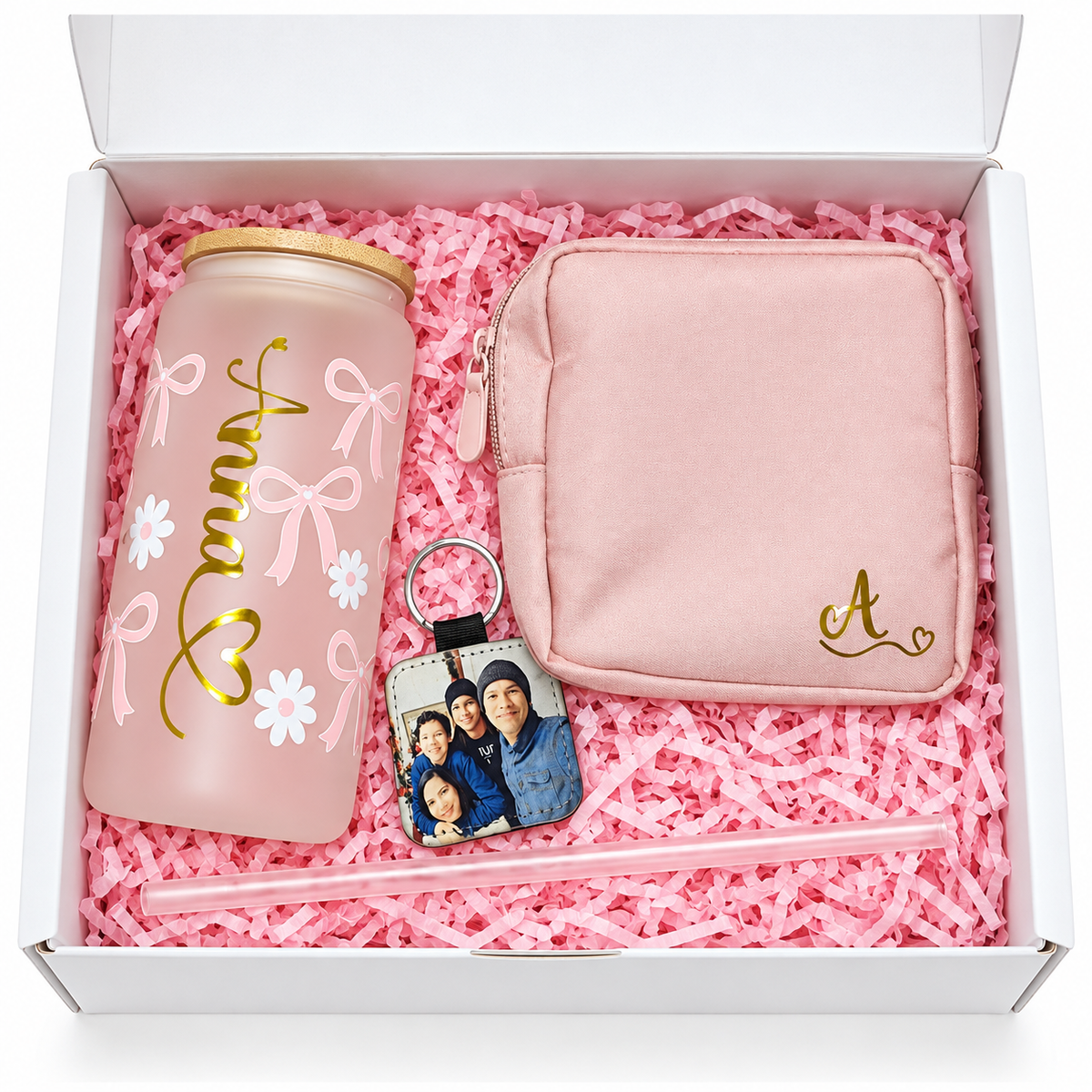 Personalized Gift Box with Glass Tumbler, Toiletry Bag, and Photo Keychain