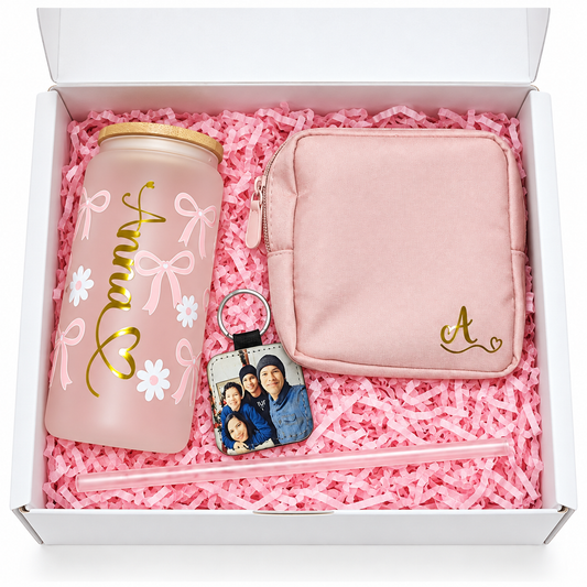 Personalized Gift Box with Glass Tumbler, Toiletry Bag, and Photo Keychain