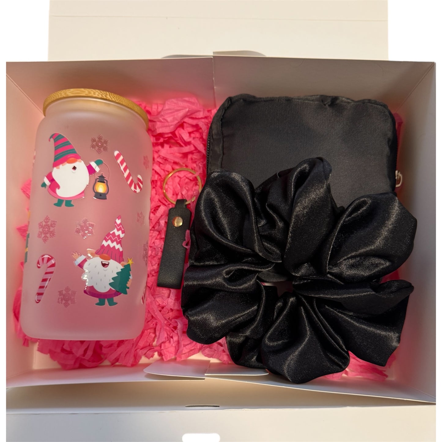 Gift Box: Christmas-Themed Glass Tumbler, Card Holder, and Personalized Keychain