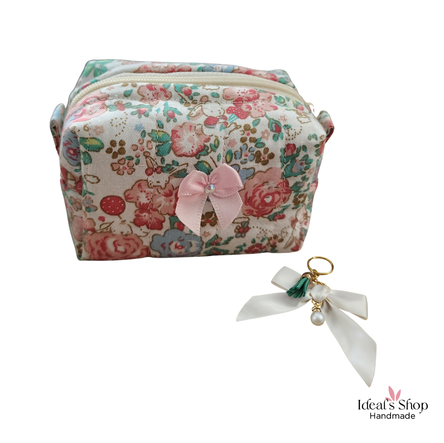 Handmade Quilted Mini Pouch with Bow Accent; Free Keychain | Cute Cotton Cosmetic; Coin Organizer