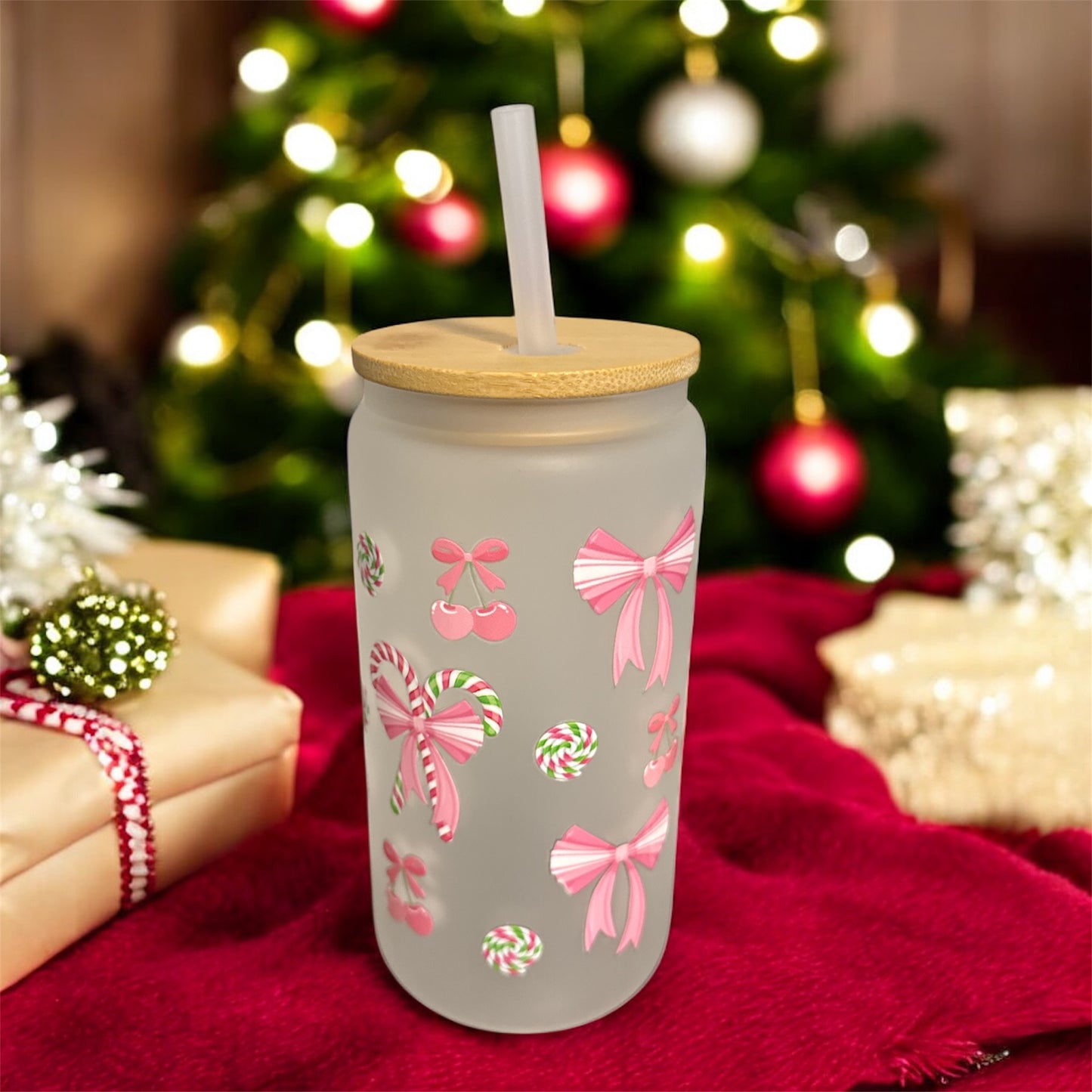 Gift Box: Christmas-Themed Glass Tumbler, Card Holder, and Personalized Keychain