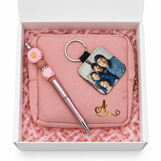 Personalized Gift Box with Toiletry Bag, Photo Keychain & Bohemian Pen