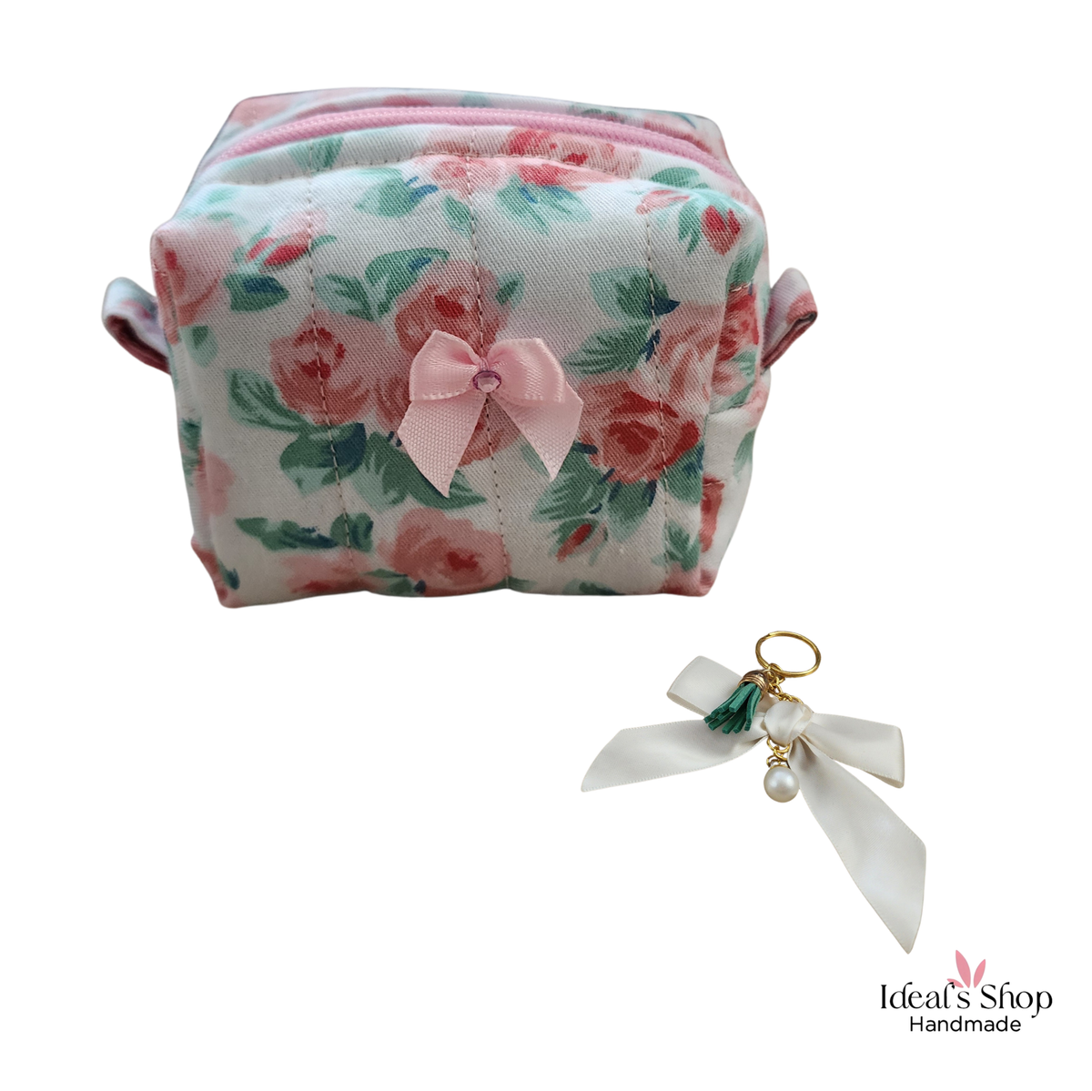 Handmade Quilted Mini Pouch with Bow Accent; Free Keychain | Cute Cotton Cosmetic; Coin Organizer