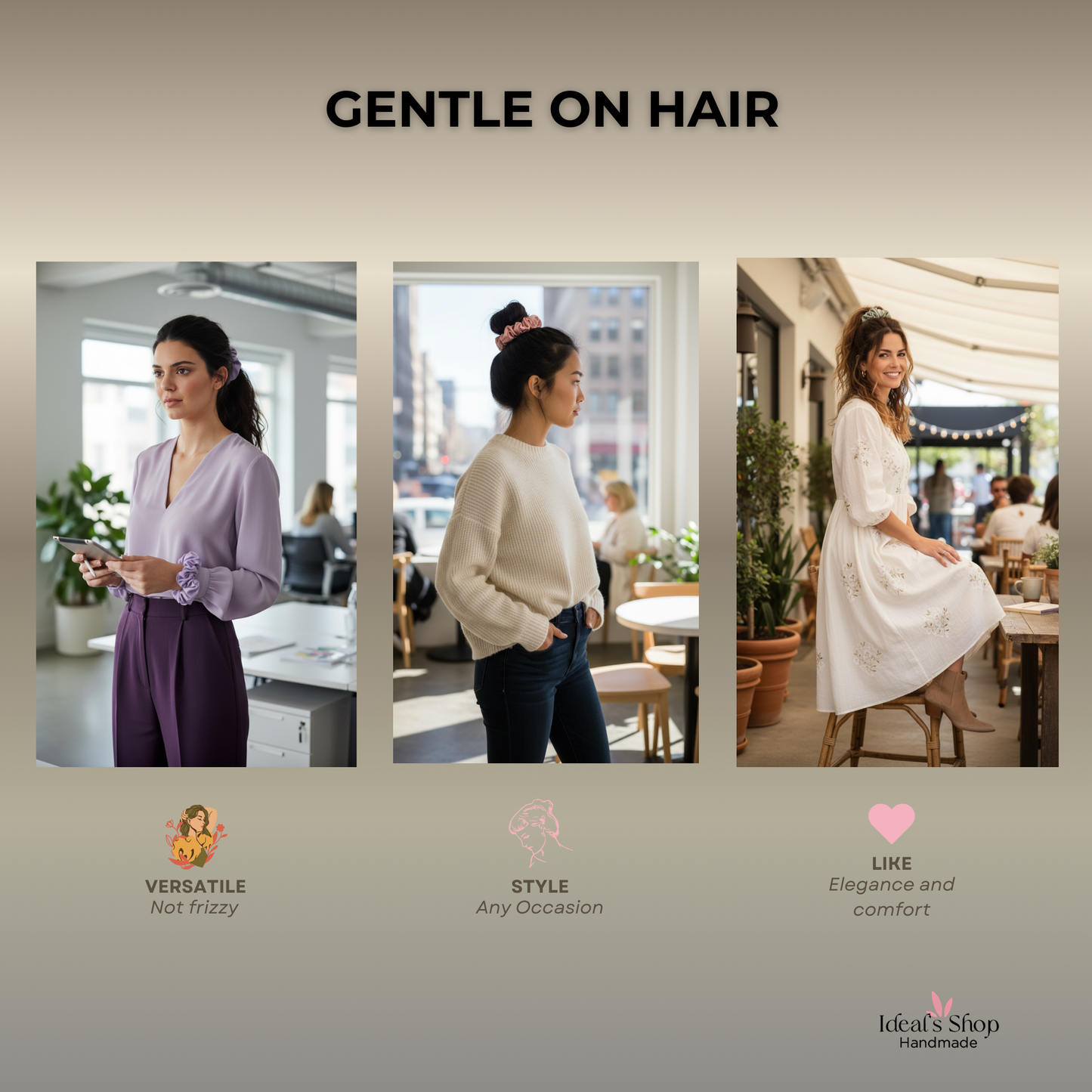 XL Satin Scrunchies Set of 3 – Premium Handmade No-Pull Hair Ties for Women & Girls – Oversized Scrunchies — Purple, Pink and Green