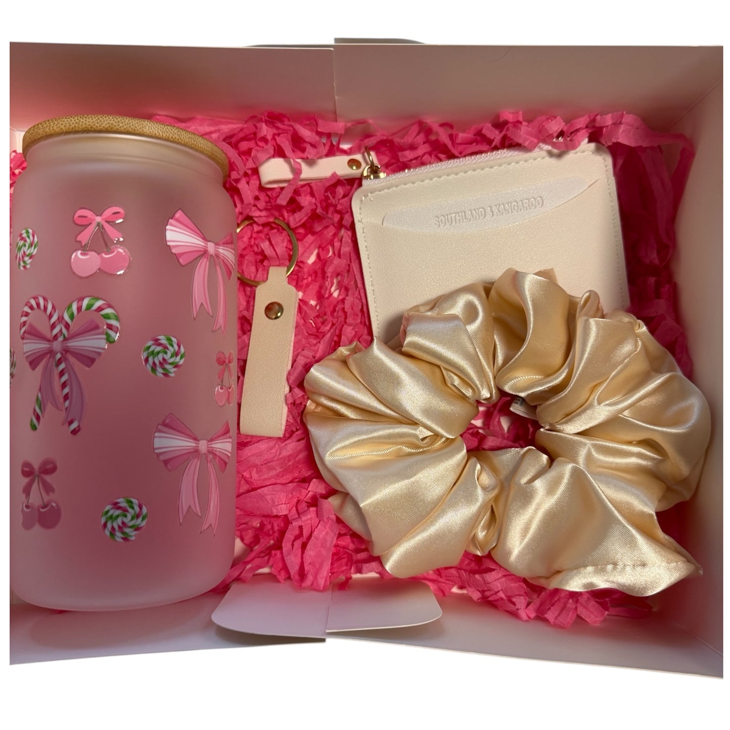 Gift Box: Christmas-Themed Glass Tumbler, Card Holder, and Personalized Keychain