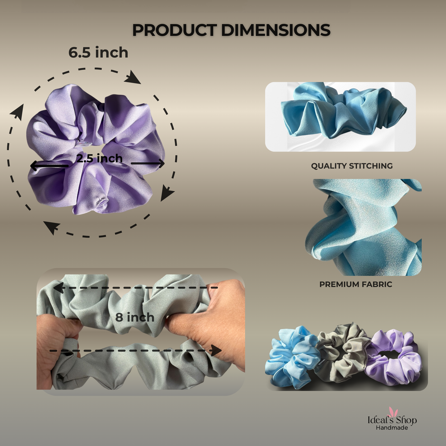 XL Satin Scrunchies Set of 3 – Premium Handmade No-Pull Hair Ties for Women & Girls – Oversized Scrunchies — Purple, Light blue and Green