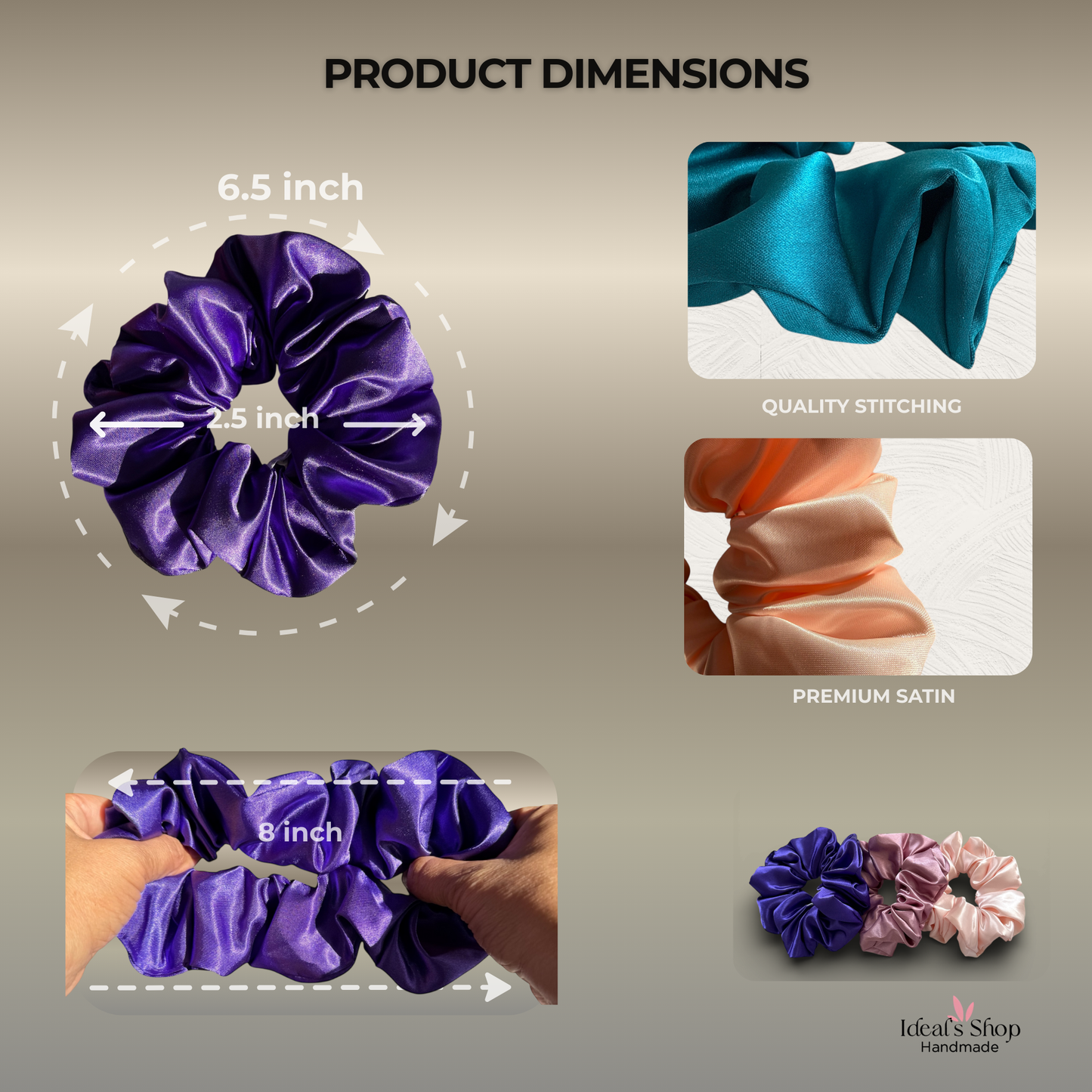 XL Satin Scrunchies Set of 3 – Premium Handmade No-Pull Hair Ties for Women & Girls – Oversized Scrunchies - Purple, Bubblegum and Salmon.