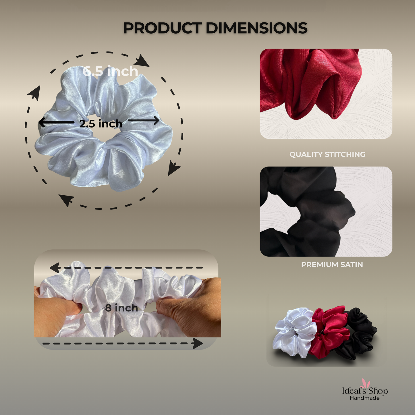 XL Satin Scrunchies Set of 3 – Premium Handmade No-Pull Hair Ties for Women & Girls – Oversized Scrunchies – White, Red and Black.