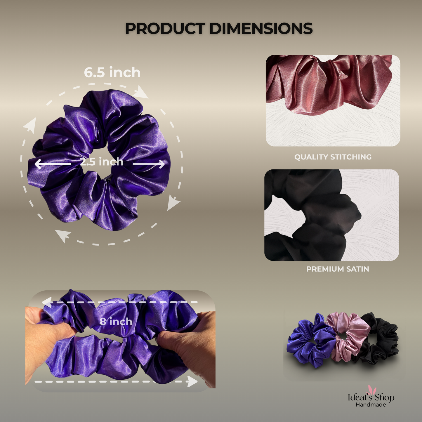 XL Satin Scrunchies Set of 3 – Premium Handmade No-Pull Hair Ties for Women & Girls – Oversized Scrunchies –