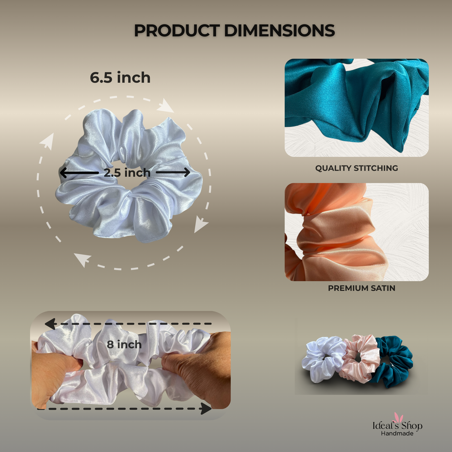 XL Satin Scrunchies Set of 3 – Premium Handmade No-Pull Hair Ties for Women & Girls – Oversized Scrunchies – Salmon, White &amp; Green