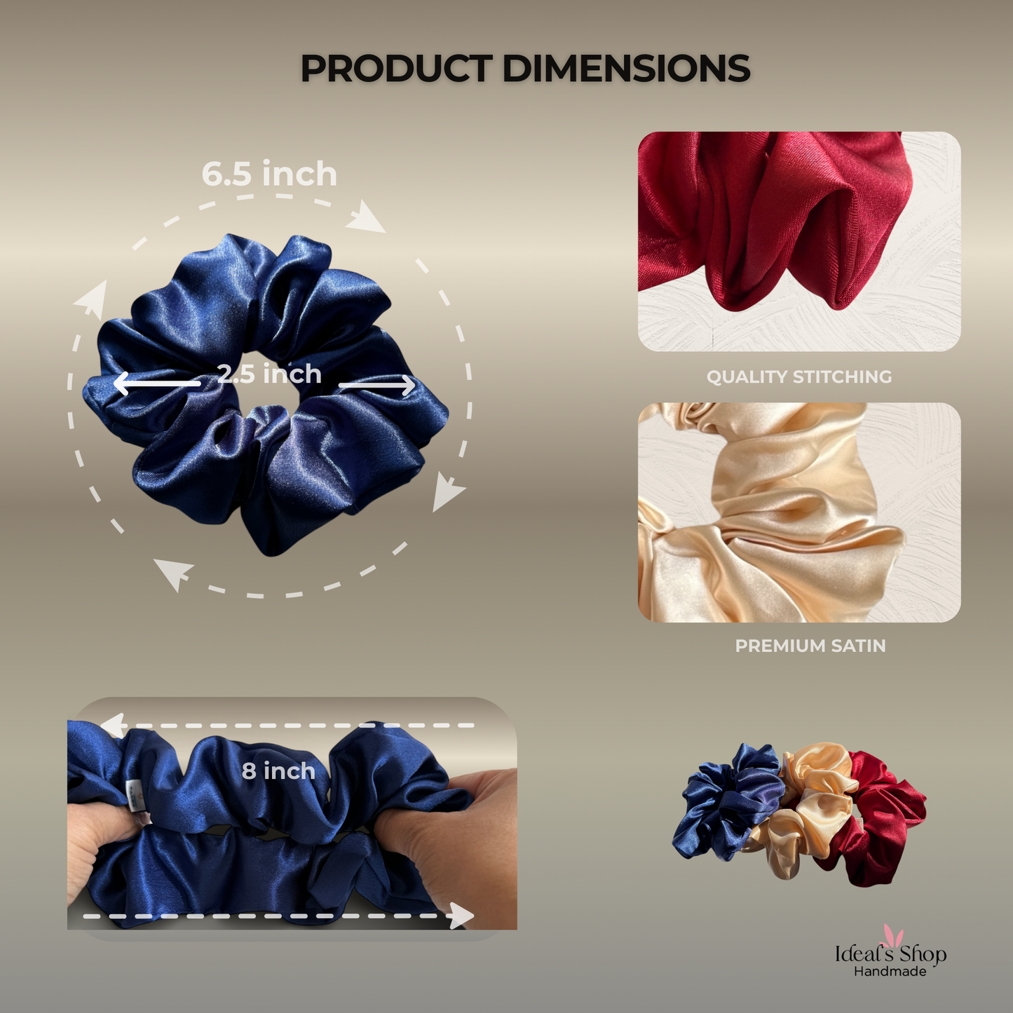 XL Satin Scrunchies Set of 3 – Premium Handmade No-Pull Hair Ties for Women & Girls – Oversized Scrunchies. Navy, Burgundy and Gold.