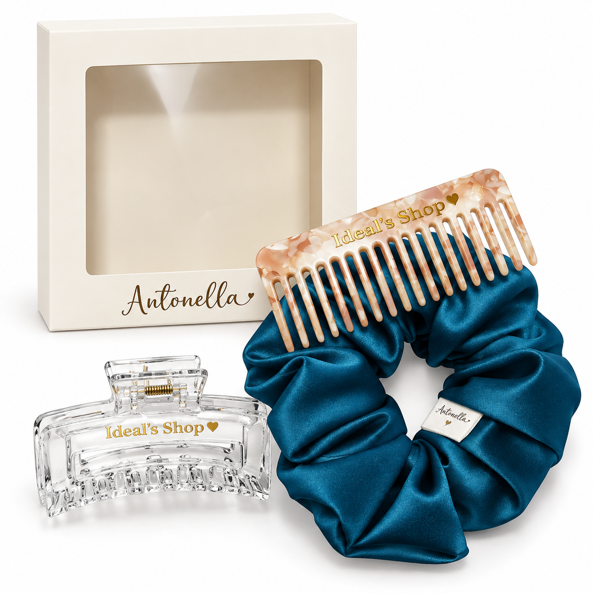 Personalized Gift Box with XL Scrunchie, Green Comb & Claw Clip