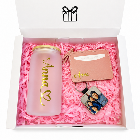 Personalized Gift Box with Glass Tumbler, Card Holder, and Photo Keychain