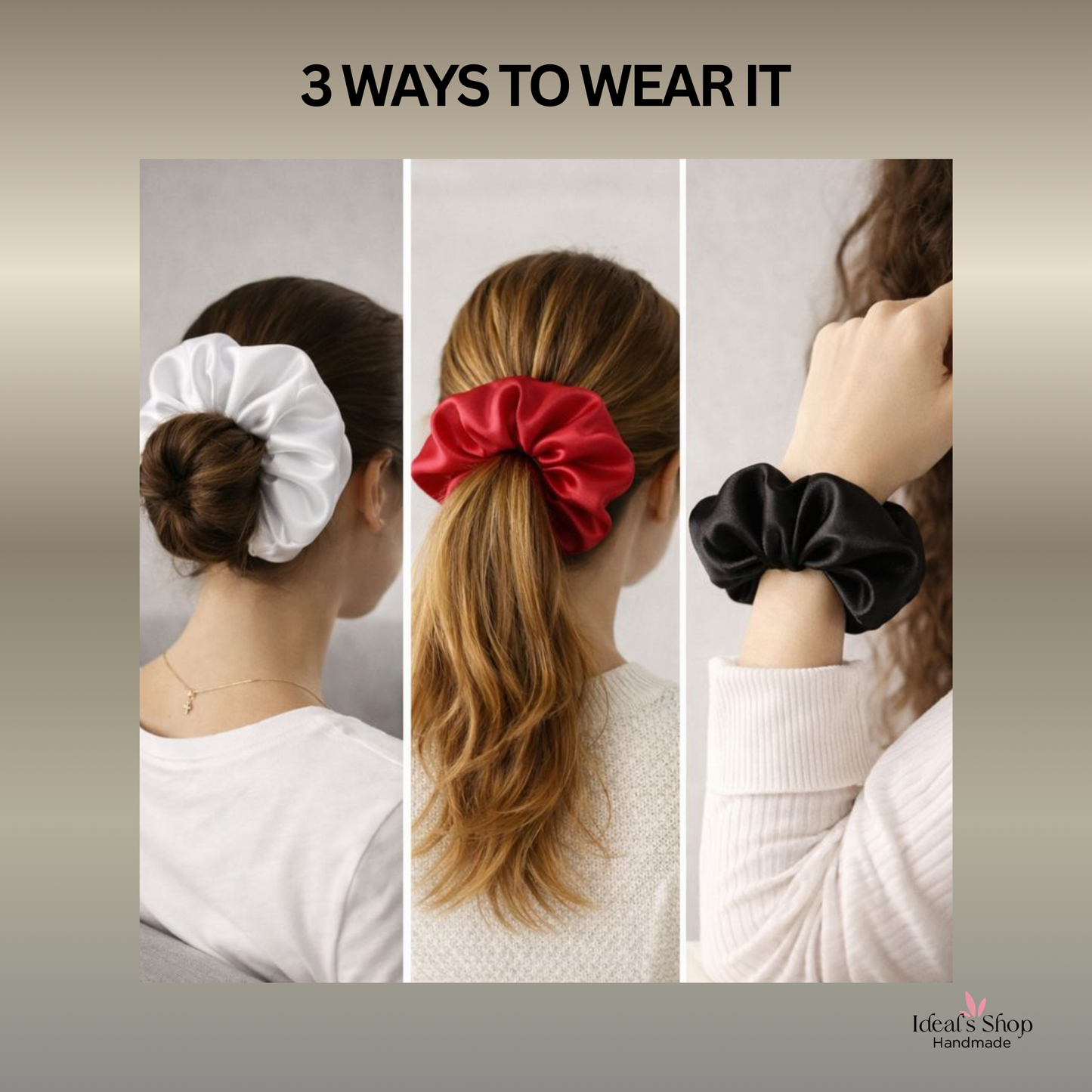 XL Satin Scrunchies Set of 3 – Premium Handmade No-Pull Hair Ties for Women & Girls – Oversized Scrunchies – White, Red and Black.