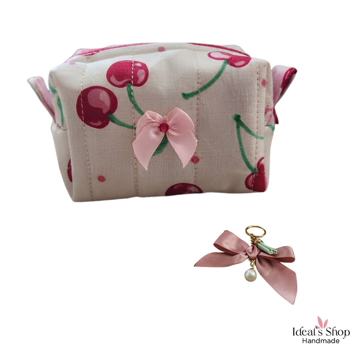 Handmade Quilted Mini Pouch with Bow Accent; Free Keychain | Cute Cotton Cosmetic; Coin Organizer