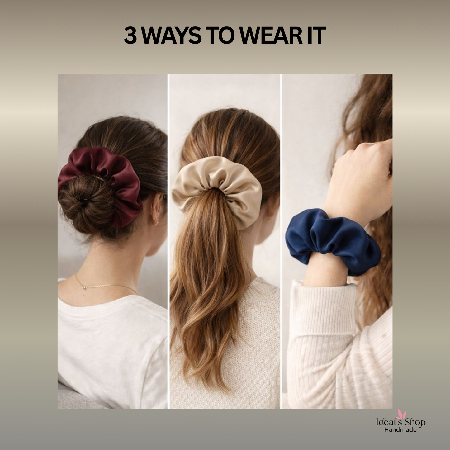 XL Satin Scrunchies Set of 3 – Premium Handmade No-Pull Hair Ties for Women & Girls – Oversized Scrunchies. Navy, Burgundy and Gold.