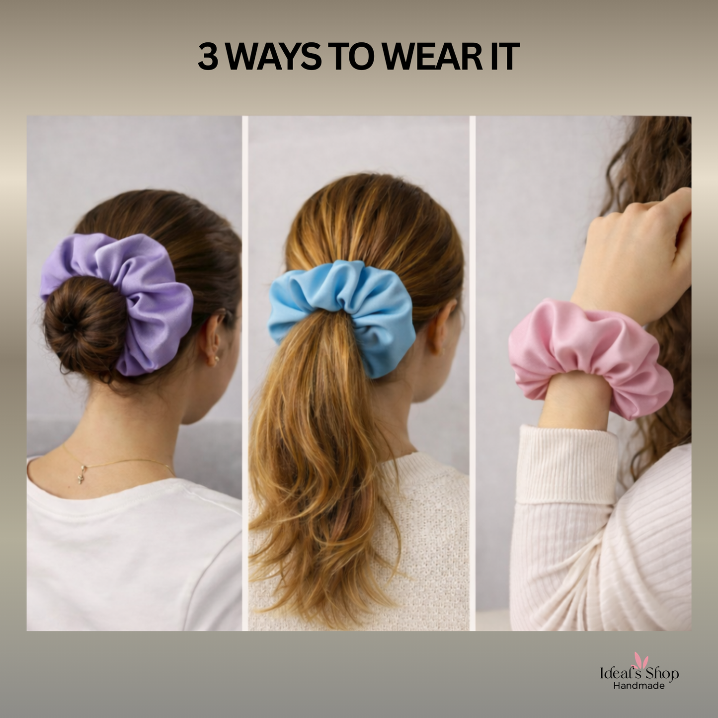XL Satin Scrunchies Set of 3 – Premium Handmade No-Pull Hair Ties for Women & Girls – Oversized Scrunchies — Pink, Light blue and Green