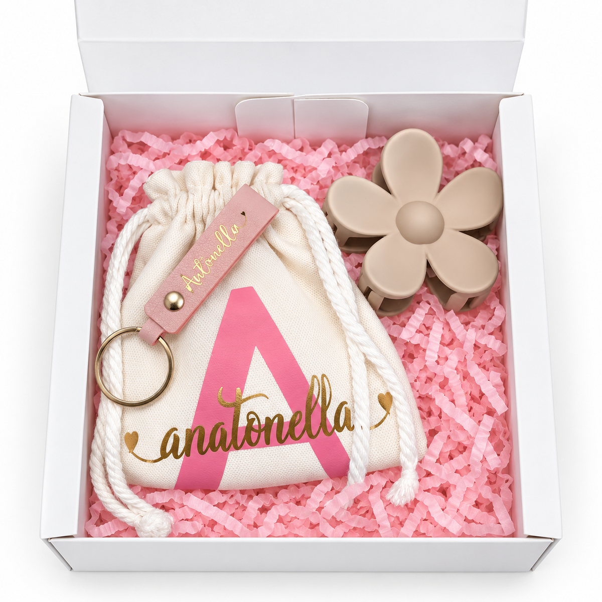 Personalized Gift Box with Pouch, Leather Keychain & Flower Claw Clip