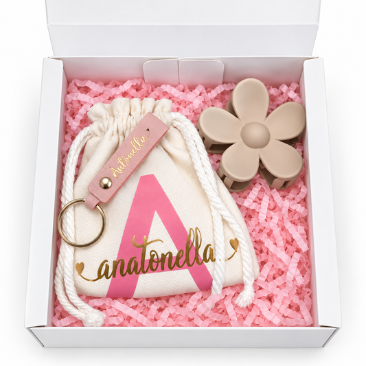 Personalized Gift Box with Pouch, Leather Keychain & Flower Claw Clip
