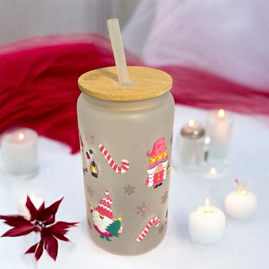 White Glass Tumbler with Christmas Gnomes