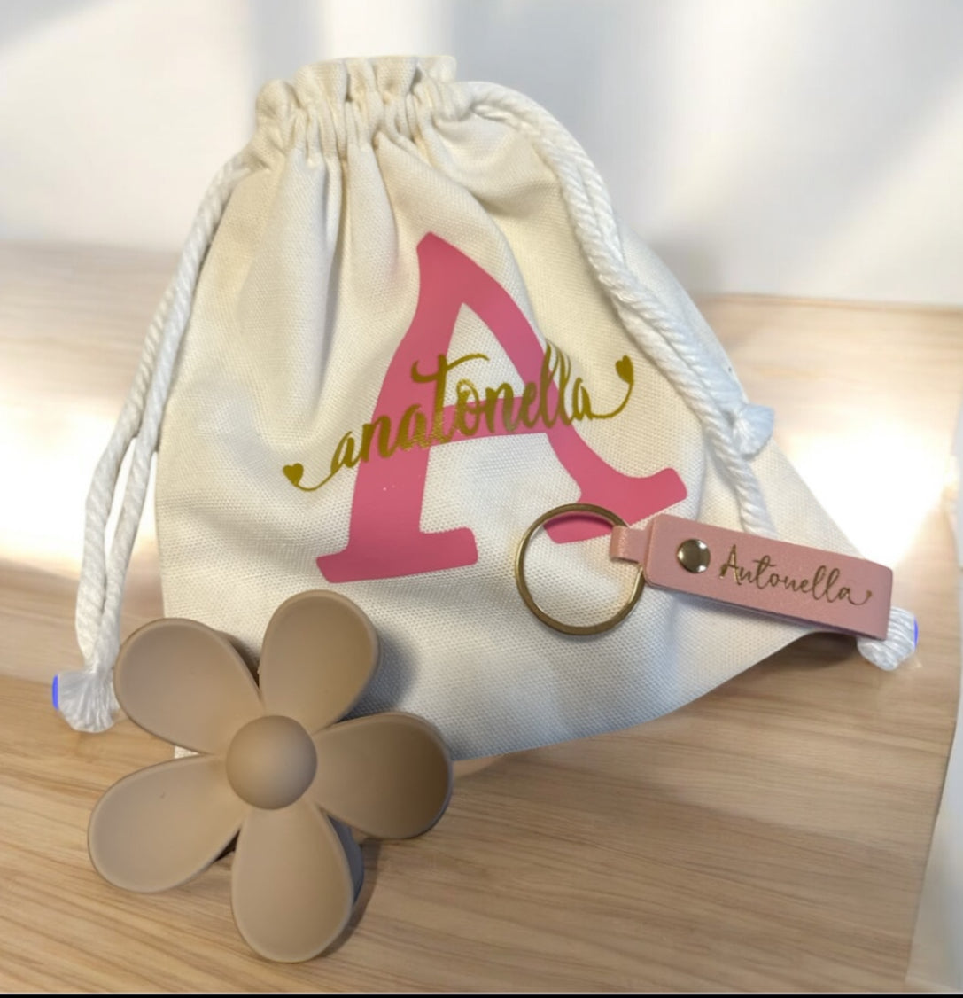 Gift Box Pouch Personalized Leather Keychain and Flower Claw