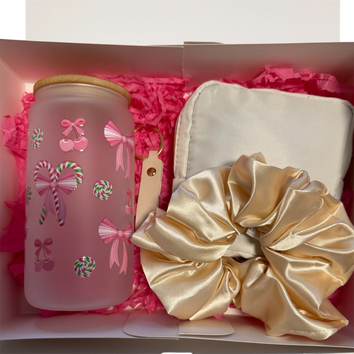 Gift Box: Christmas-Themed Glass Tumbler, Toiletry Bag, and Personalized Keychain