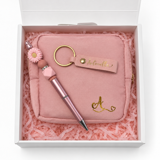 Personalized Gift Box with Toiletry Bag, Name Keychain & Bohemian Pen