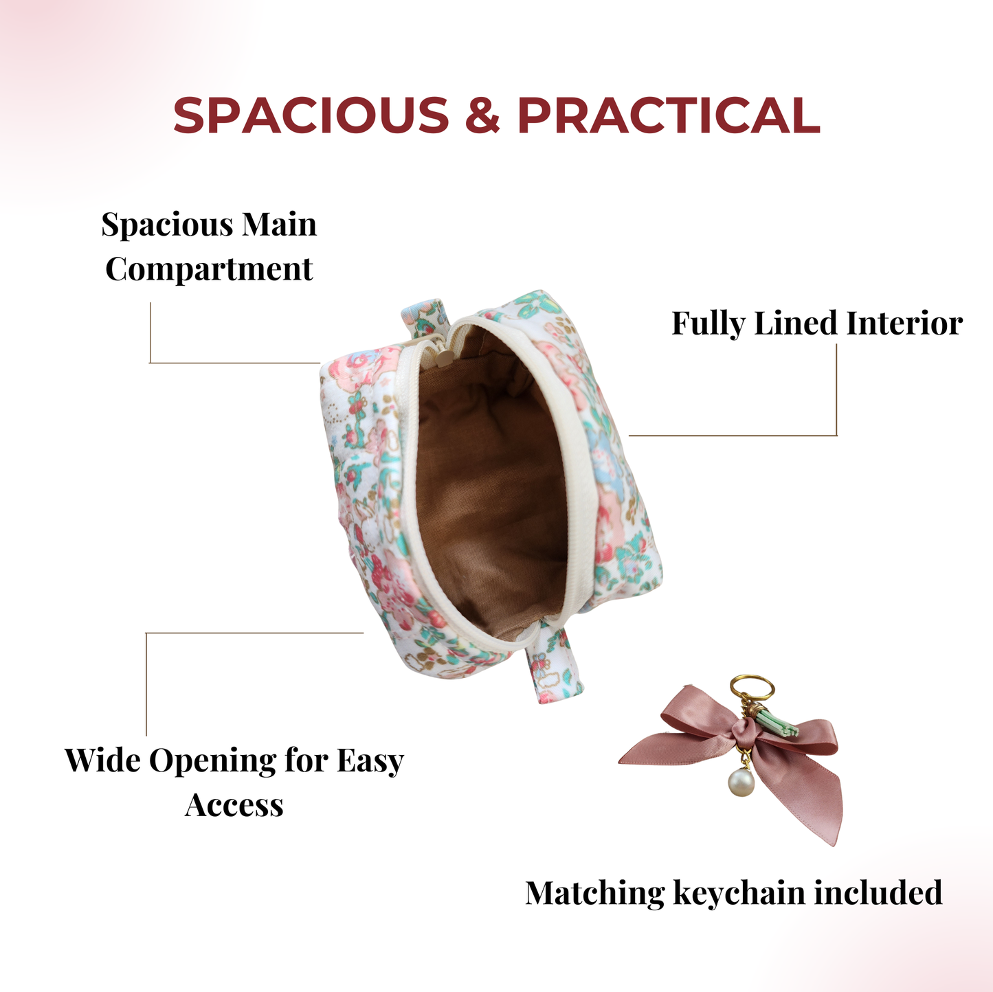 Handmade Quilted Mini Pouch with Bow Accent; Free Keychain | Cute Cotton Cosmetic; Coin Organizer