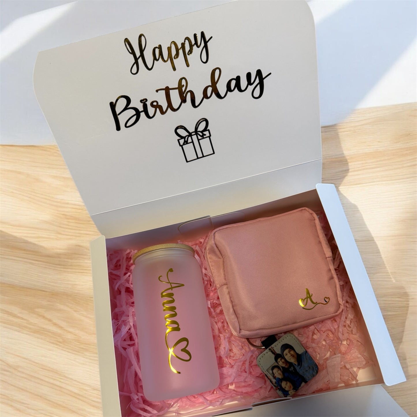 Gift Box: Personalized Glass Tumbler, Toiletry Bag, and Photo Keychain