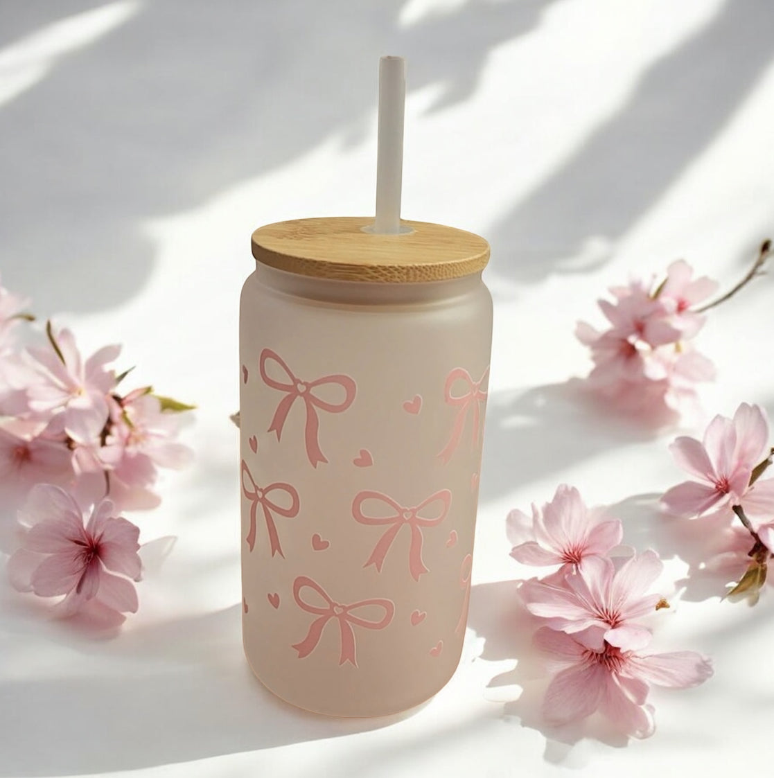 White Glass Tumbler with Bows and Hearts