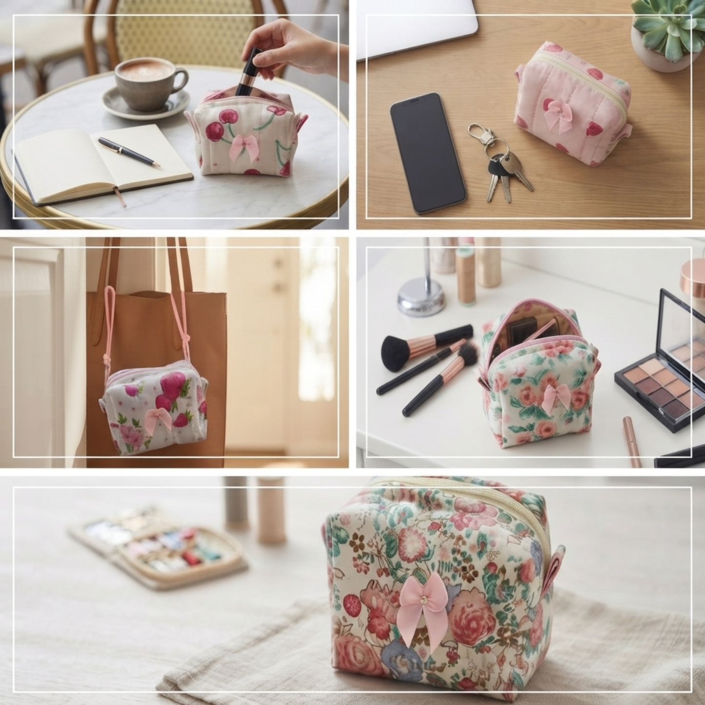 Handmade Quilted Mini Pouch with Bow Accent; Free Keychain | Cute Cotton Cosmetic; Coin Organizer