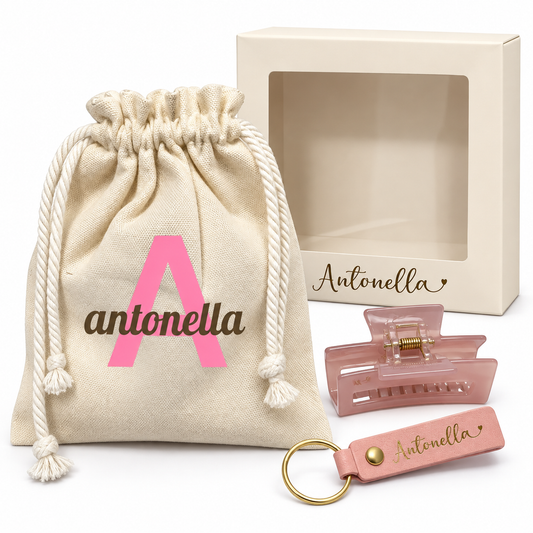 Personalized Gift Box with Pouch, Leather Keychain & Claw Clip