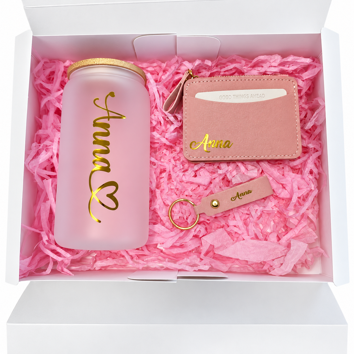 Personalized Gift Box with Glass Tumbler, Card Holder, and Name Keychain