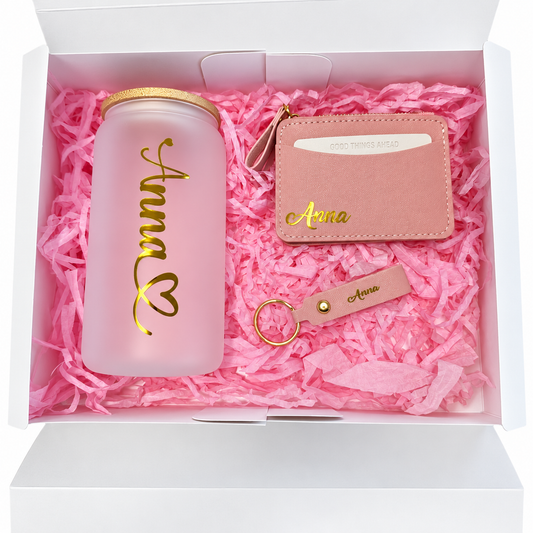 Personalized Gift Box with Glass Tumbler, Card Holder, and Name Keychain